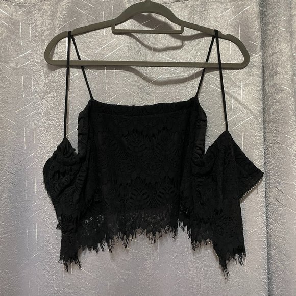 REVAMPED Black Lace Off-the-Shoulder Crop Top w Straps, Semi Sheer - Sz Medium - Picture 1 of 7